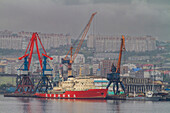 A view of the industrial and militarized Russian seaport city of Murmansk on the northern shore of the Kola Peninsula, Murmansk Oblast, Russia, Arctic, Europe