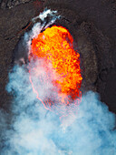 Vertical aerial shot taken by drone of the volcano Sundhnukasgigar, during the eruption of summer 2024, Iceland, Polar Regions