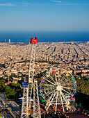 Tibidabo Amusement Park at sunset, elevated view, Mount Tibidabo, Barcelona, Catalonia, Spain, Europe