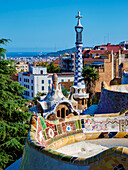 Mosaic Serpentine Bench at the Main Terrace, Park Guell, UNESCO World Heritage Site, Barcelona, Catalonia, Spain, Europe