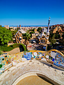 Mosaic Serpentine Bench at the Main Terrace, Park Guell, UNESCO World Heritage Site, Barcelona, Catalonia, Spain, Europe