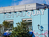 Mermaid Quay sign and architecture of Cardiff Bay, Cardiff, Wales, United Kingdom, Europe