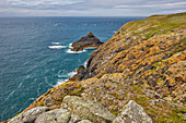 Die Klippen am Skomer Head, an der Westküste der Insel Skomer, einem Naturschutzgebiet an der Küste von Pembrokeshire, Wales, Vereinigtes Königreich, Europa