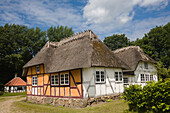 The Inn at Hjerl Hede Open Air Museum with the Smithy at left, near Vinderup, Denmark, Europe