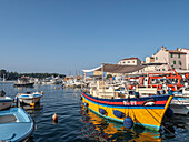 Buntes Boot im Hafen, Rovinj, Istrien, Kroatien, Europa