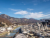 View from Humboldt Terrace towards the River Salzach and the Old Town, UNESCO World Heritage Site, Salzburg, Upper Austria, Austria, Europe