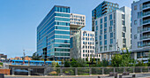 View of the Barcode buildings and city tram on a sunny day, Oslo, Norway, Scandinavia, Europe