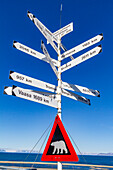 View of signpost in Longyearbyen on the island of Spitsbergen in the Svalbard Archipelago, Norway, Arctic, Europe