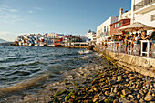 Little Venice at sunset, Chora (Mykonos Town), Mykonos Island, Cyclades, Greek Islands, Greece, Europe