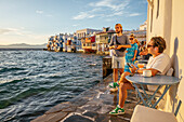 Little Venice at sunset, Chora (Mykonos Town), Mykonos Island, Cyclades, Greek Islands, Greece, Europe