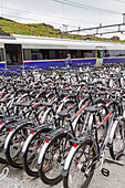 Views of rental bicycles on the Bergen Railway route from Myrdal to the town of Flam, Norway, Scandinavia, Europe