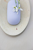 Close up of a lavender soap and white flower on a soap dish