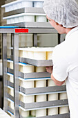 Back view of a man stacking cheese molds