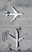 View from above airplanes on airport tarmac and runway