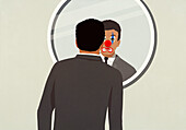 Businessman looking at clown face reflection in mirror