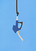 Knotted blue unleaded gasoline pump dripping upside-down