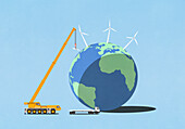 Large crane lifting wind turbines on top of globe