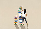 Girl placing book on large stack against beige background