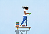 Woman with stack of books reading and skateboarding on blue background