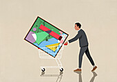 Businessman pushing abstract painting in shopping cart