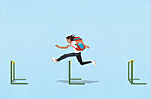 Schoolgirl with backpack jumping over hurdles on blue background