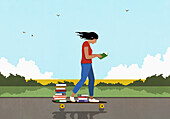 Woman with stack of books skateboarding and reading on sunny, rural road