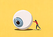 Woman pushing large eyeball on yellow background