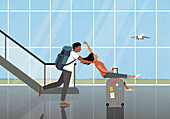 Man with backpack pushing carefree girlfriend riding suitcase in airport