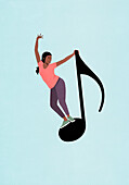 Carefree young woman dancing on musical note