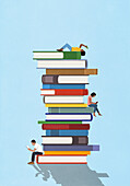 Young man and women reading among tall stack of books