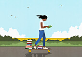 Woman with stack of books reading and skateboarding in sunny, rural countryside