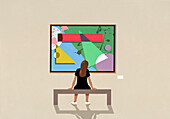 Woman leaning and viewing abstract painting in museum