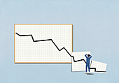 Surprised, disappointed man looking at extended chart with descending line