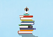 Woman meditating on large stack of books