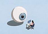 Large blue eyeball watching businesswoman working at computer