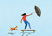 Dog chasing girl skateboarding with umbrella in wind