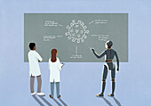 Roboter und Wissenschaftler analysieren Coronavirus-Partikel auf einer Tafel