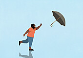 Overweight woman chasing umbrella blowing away in wind on blue background