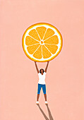 Happy woman holding large orange slice overhead on pink background