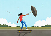 Girl skateboarding, using umbrella as sail on rural sidewalk