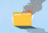 File folder burning on blue background