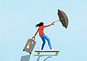 Woman with suitcase and umbrella skateboarding in wind