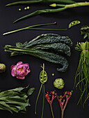 Flat lay still life green vegetables, pink peony and plant stems on black background