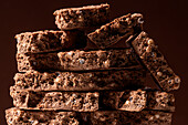 Close-up of stacked chocolate and puffed rice nougat