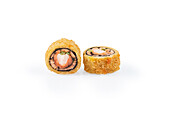 Two crisp-fried sushi rolls with fillings, on a white backdrop