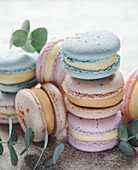 Beautiful colourful delicious macaroons on a concrete background