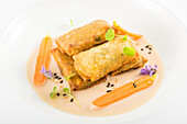 Gourmet fried spring rolls on elegant white plate