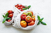 Freshly harvested tomatoes in eco-friendly bags on a light backg