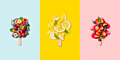 Fresh salad skewers on colorful backgrounds