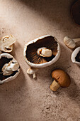 Assorted fresh mushrooms on a textured beige background